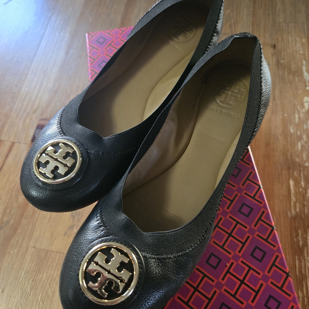 Tory Burch Black Leather Flats with Gold Logo